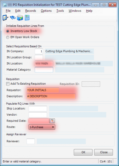 PO Req Initialization Dialog